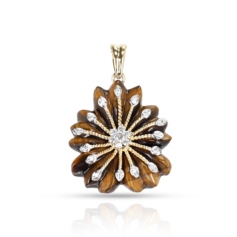 Tigers Eye Carved Floral Pendant with 18k Gold and Diamonds