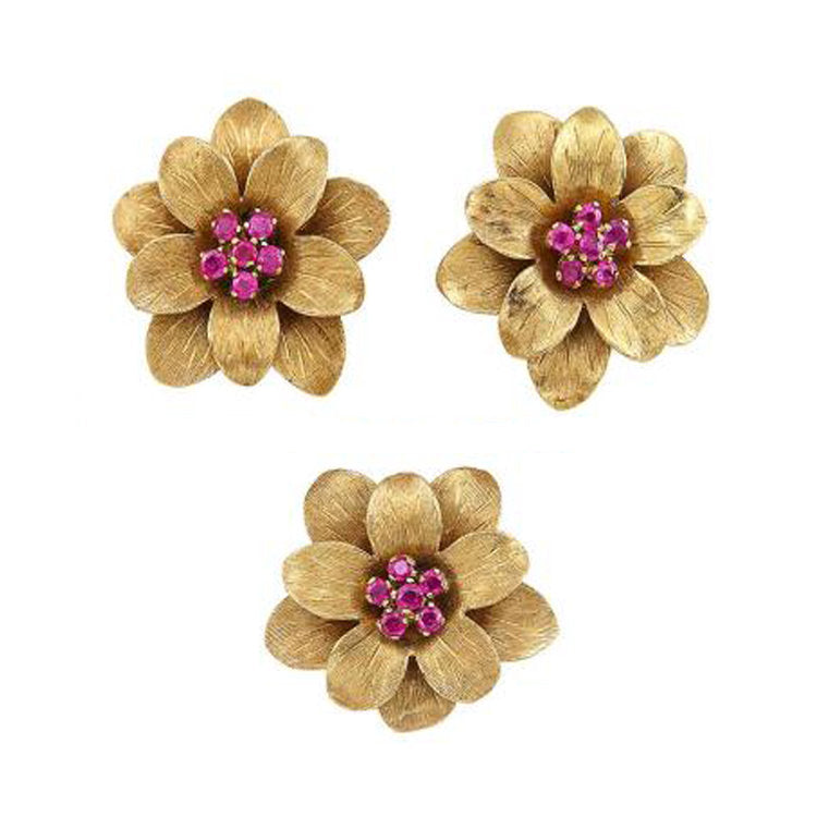 Tiffany & Co. Ruby and Gold Floral Earrings and Single Earclip
