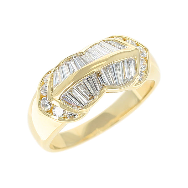 Wavy Two Row Diamond Baguette Ring with Round Diamonds, 18K Yellow Gold