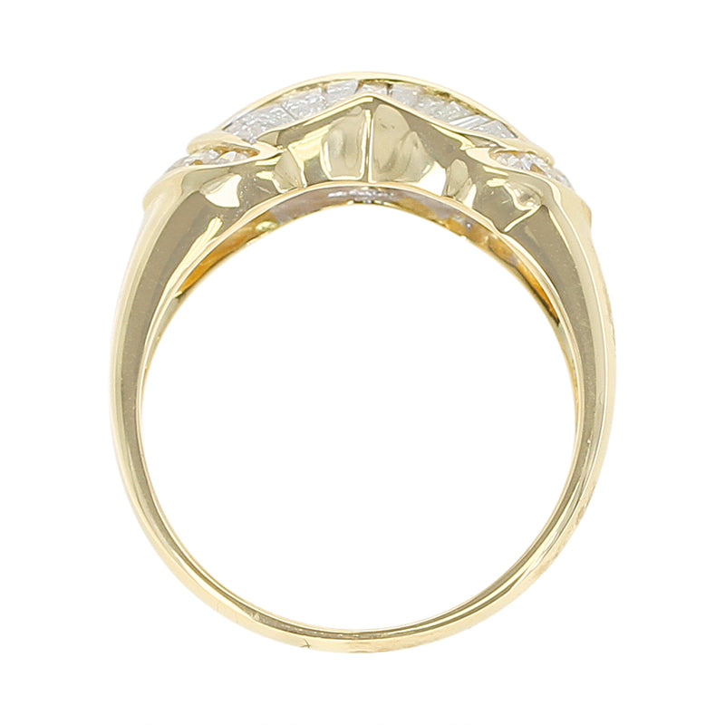 Wavy Two Row Diamond Baguette Ring with Round Diamonds, 18K Yellow Gold