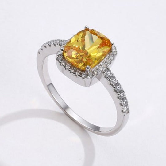 Classic Cushion Yellow Sapphire Cubic Zirconia, Sterling Silver Halo Ring
