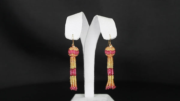 Yellow and Orange Sapphire with Spinel Faceted Beads Tassel Earring, Yellow Gold