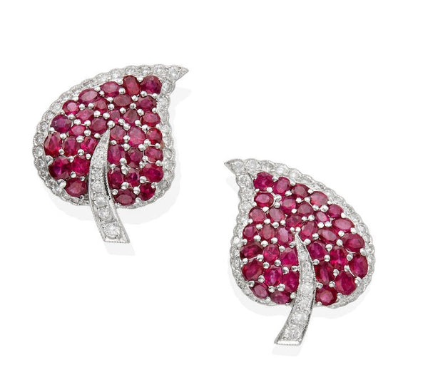 Ruby and Diamond Leaf-Design Earrings, 18K White