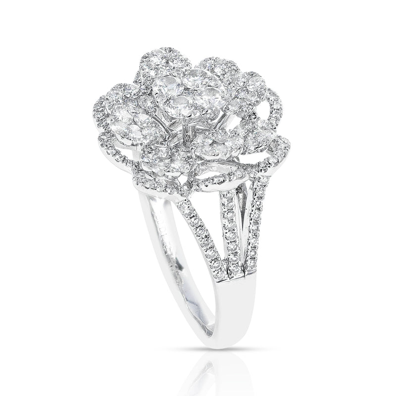 Floral Round Diamonds Cocktail Ring, 18K White Gold