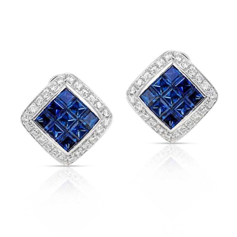 Square 3 ct. Sapphire and Diamonds 0.60 carats 18K White Gold Earrings
