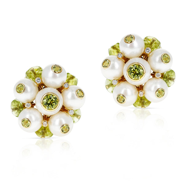 Cultured Pearl, Diamond, and Peridot Earrings, Made in 18k Gold by Trianon