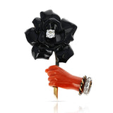 Cartier Paris Coral Hand and Carved Black Enamel Flower Clip/Brooch with Diamond