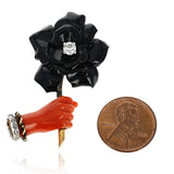 Cartier Paris Coral Hand and Carved Black Enamel Flower Clip/Brooch with Diamond