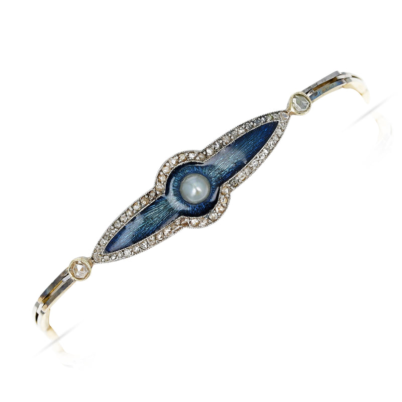 French Art Deco Chaumet Pearl and Enamel Bracelet in Box Chain, Platinum and Gold