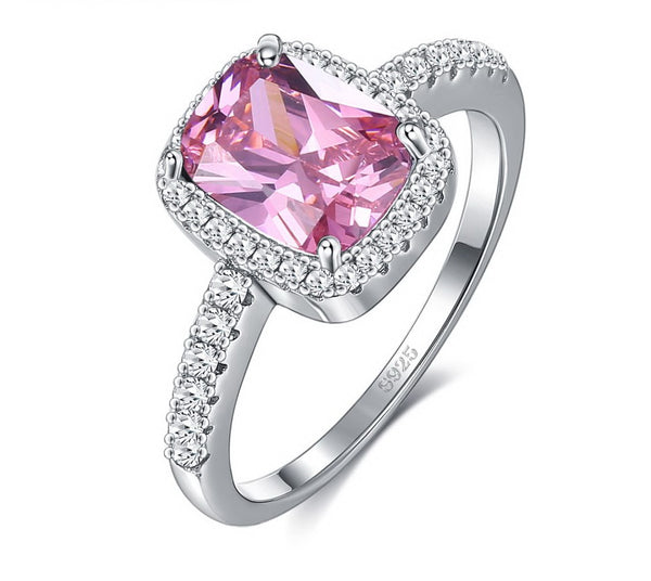 Classic Cushion Pink Colored Sapphire Cubic Zirconia, Halo Setting Sterling Silver Ring